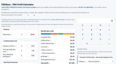 Free FBA Profit Calculator: Margin, ROI & Breakeven ACOS | FBAbase — screenshot