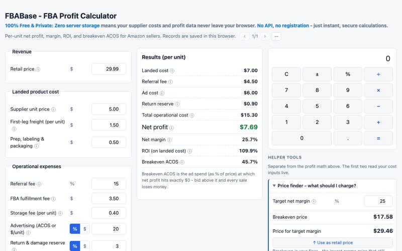 Free FBA Profit Calculator: Margin, ROI & Breakeven ACOS | FBAbase — screenshot