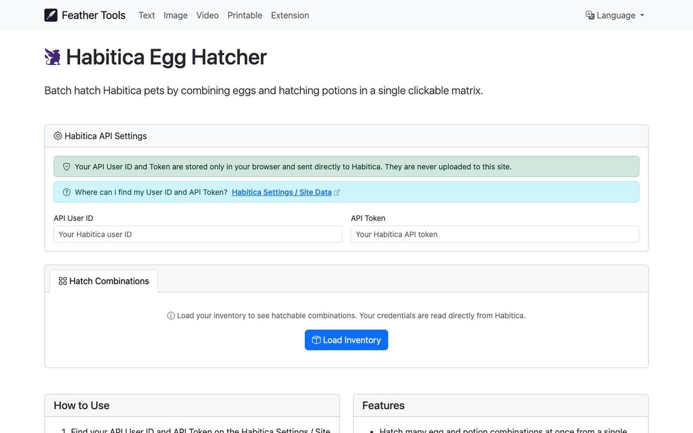 Habitica Egg Hatcher | Feather Tools — screenshot