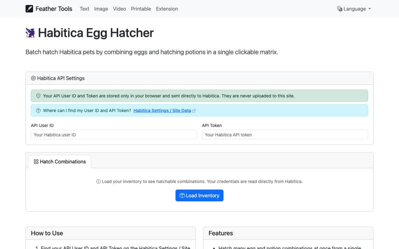 Habitica Egg Hatcher | Feather Tools — screenshot