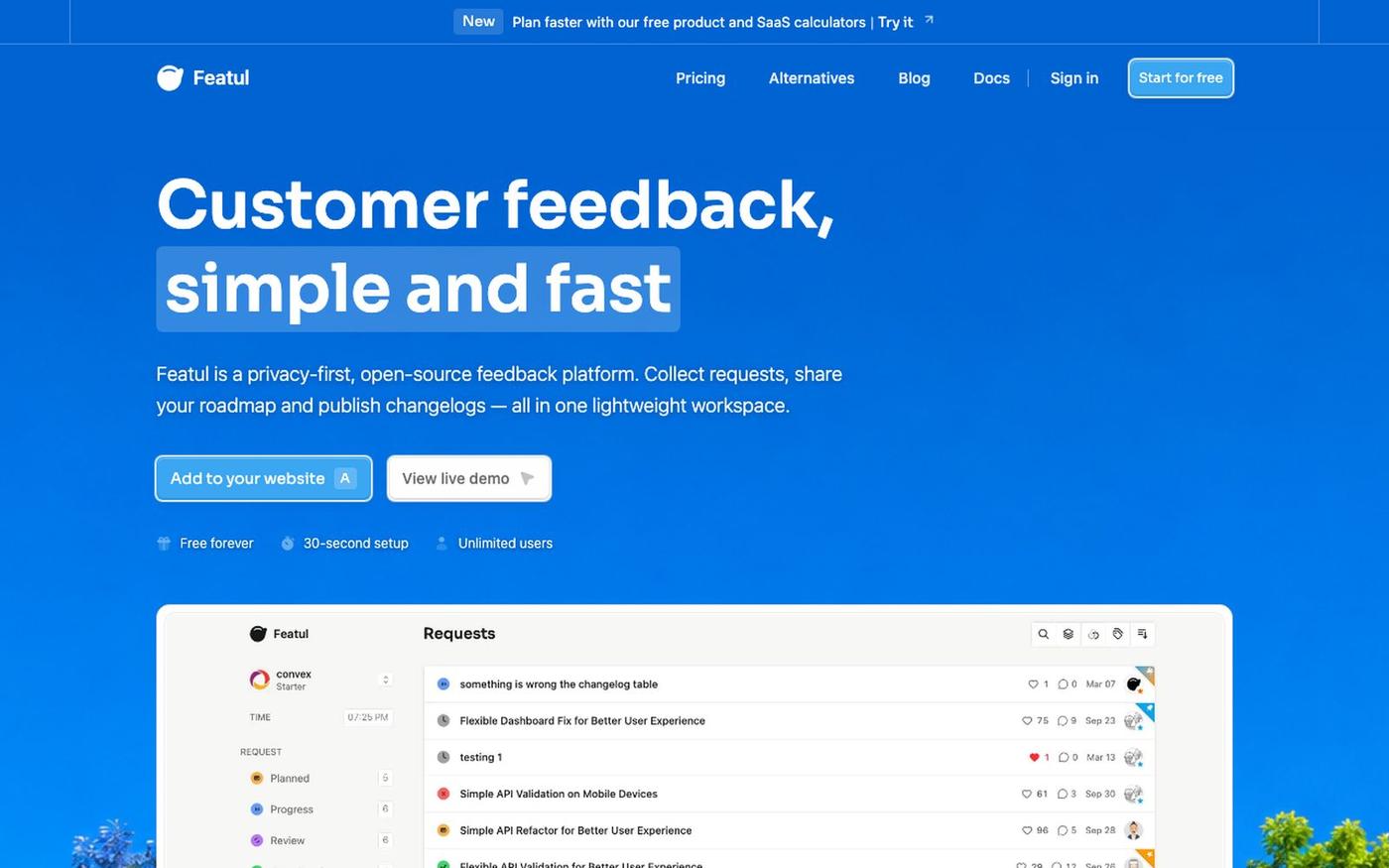 Customer Feedback, Roadmaps & Changelogs | Featul — screenshot