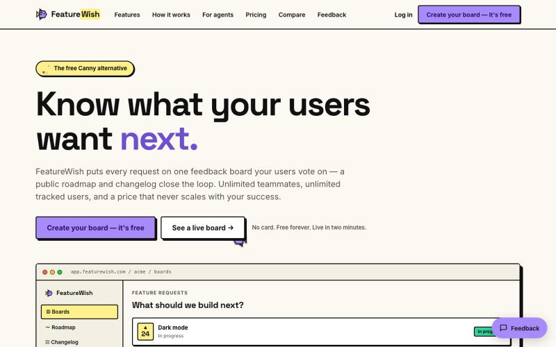 FeatureWish — the free, fast feedback board for indie SaaS — screenshot