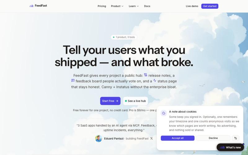 FeedFast — Changelog, feedback and uptime — screenshot