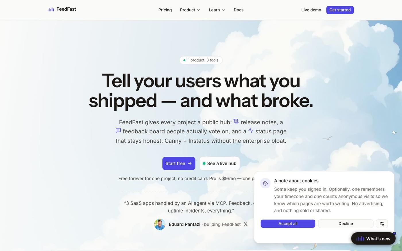 FeedFast — Changelog, feedback and uptime — screenshot