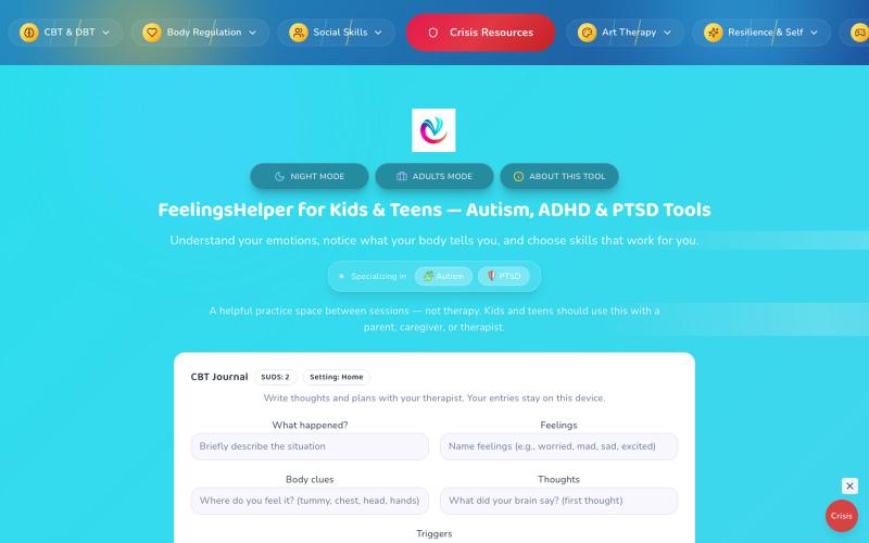 FeelingsHelper | Psychoeducational Autism PTSD ADHD Tools — screenshot