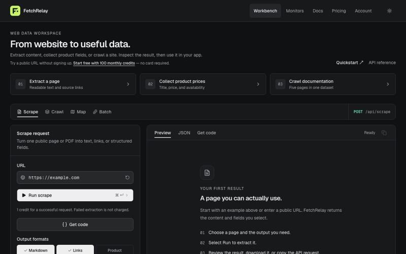 FetchRelay — Web Scraping API, Crawling & Monitoring — screenshot