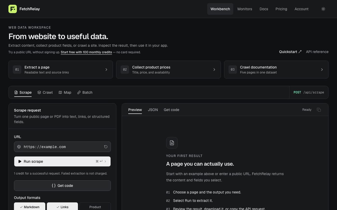 FetchRelay — Web Scraping API, Crawling & Monitoring — screenshot