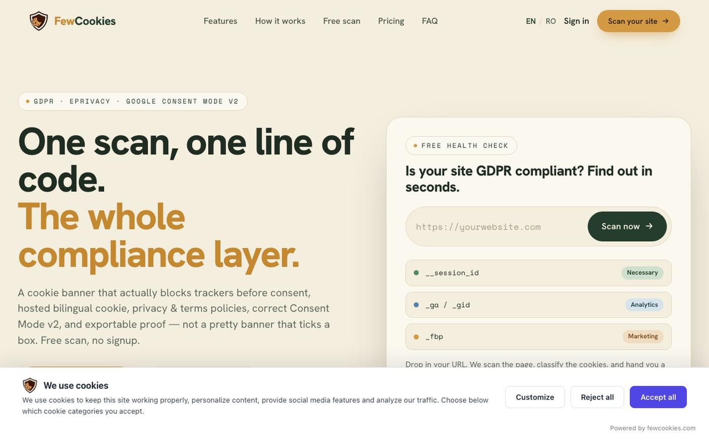 GDPR Cookie Banner with Google Consent Mode V2 — FewCookies — screenshot