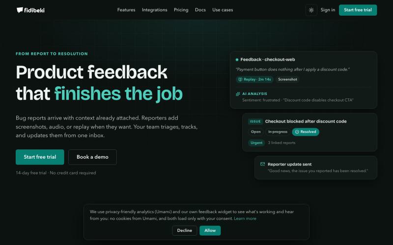 Fidibeki — Product feedback that finishes the job — screenshot