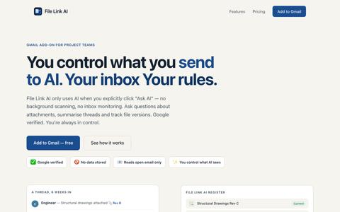 File Link AI — Never lose a project file in your inbox again, privacy focused AI — screenshot