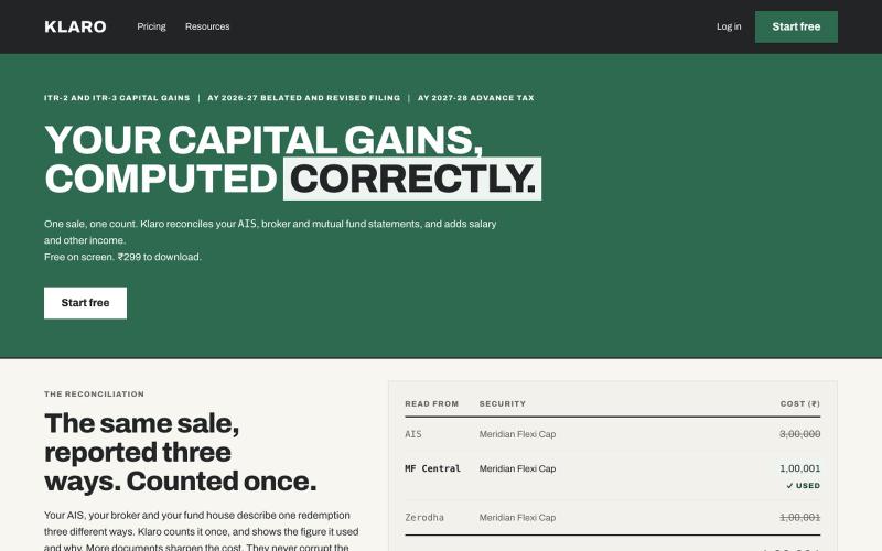 Klaro: capital gains computed correctly, for ITR-2 and ITR-3 — screenshot