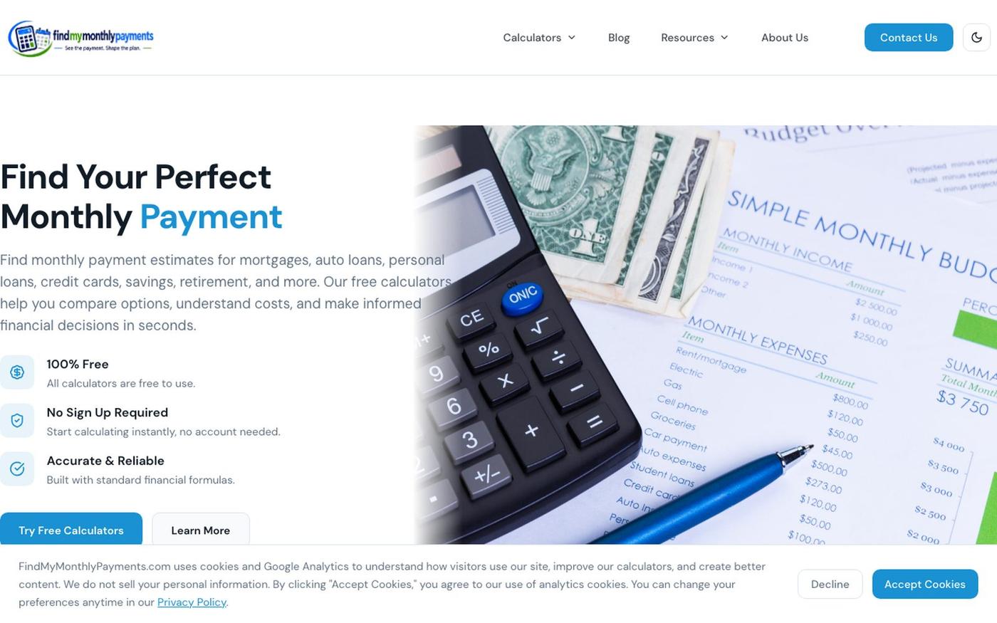 Free Financial Calculators | FindMyMonthlyPayments.com — screenshot