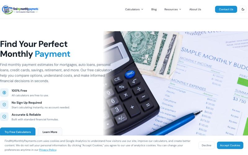 Free Financial Calculators | FindMyMonthlyPayments.com — screenshot