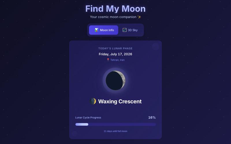 Find My Moon — Real-time Moon Phase & 3D Sky | findmymoon.app — screenshot