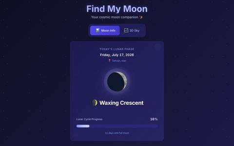 Find My Moon — Real-time Moon Phase & 3D Sky | findmymoon.app — screenshot