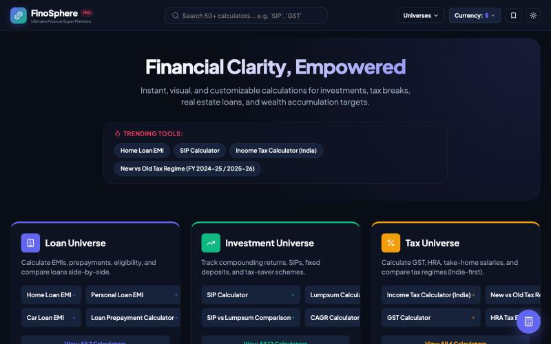 FinoSphere Pro — All-in-One Finance Calculator & Planning Platform — screenshot