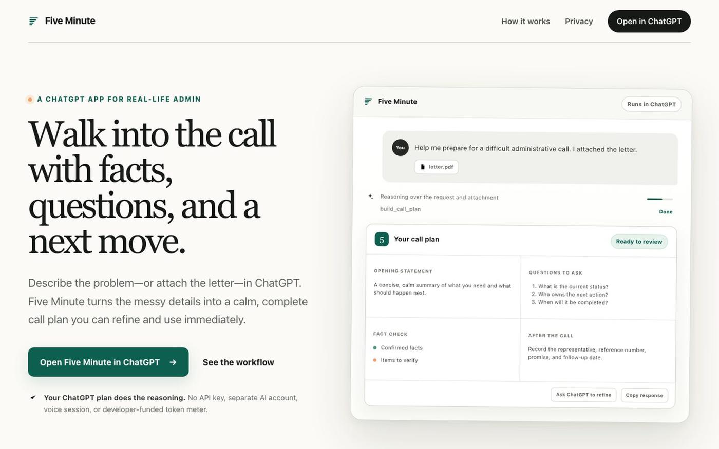 Five Minute — Call planning inside ChatGPT — screenshot