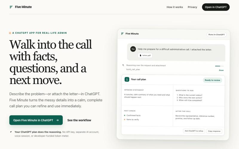 Five Minute — Call planning inside ChatGPT — screenshot