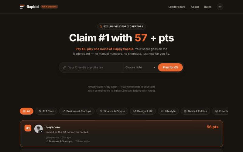 flapbid — the leaderboard for X creators — screenshot