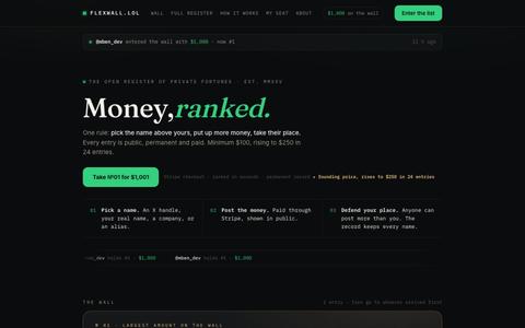 flexwall.lol · Money, ranked. — screenshot