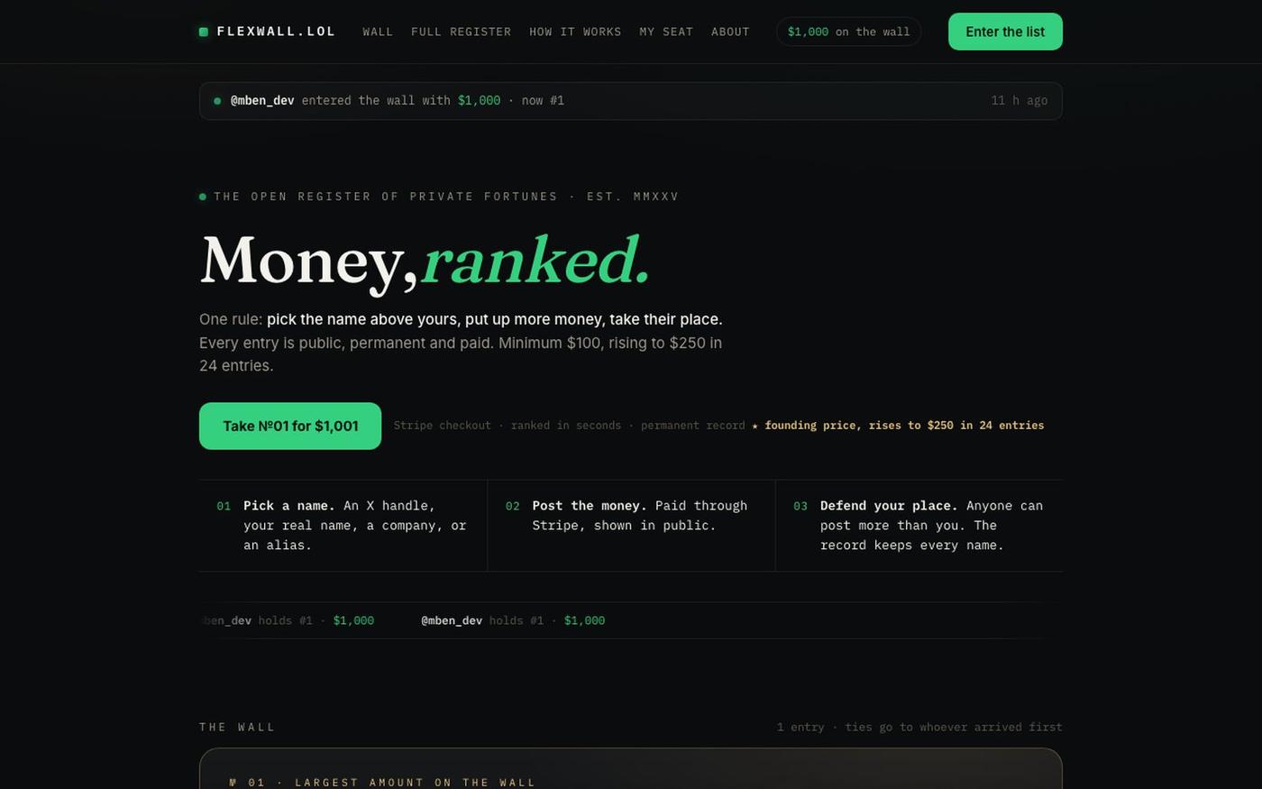 flexwall.lol · Money, ranked. — screenshot