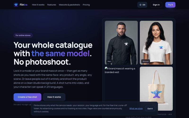 Flintra AI — product photos, with a model or without — screenshot