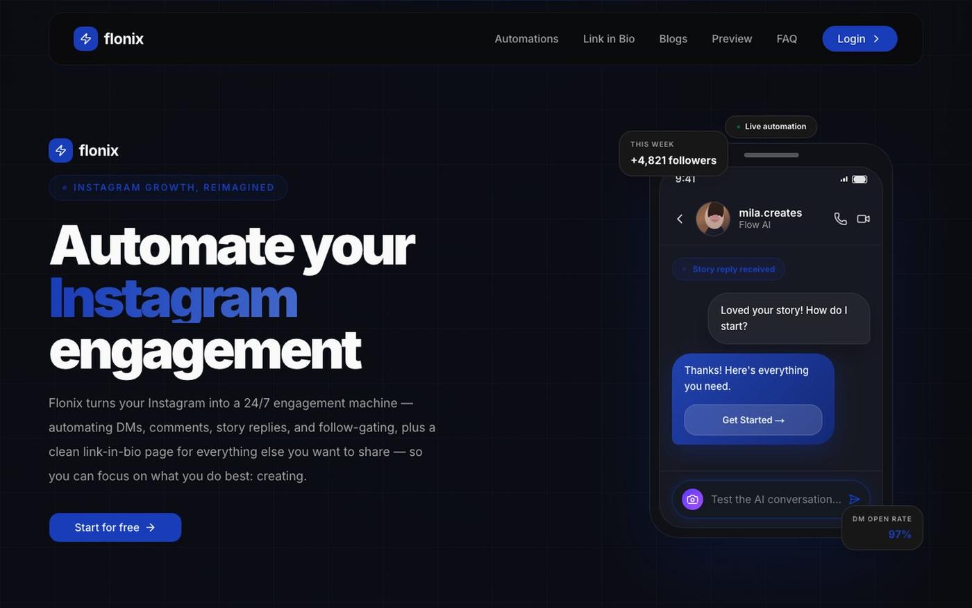 Flonix | Instagram Automation for DMs, Comments, and Replies — screenshot