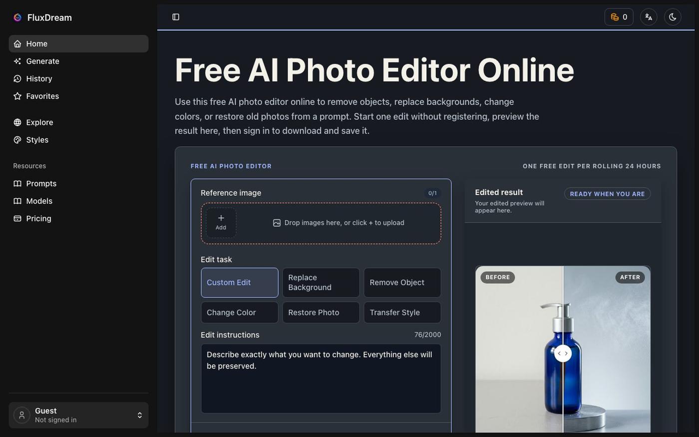 Free AI Photo Editor Online | FluxDream — screenshot