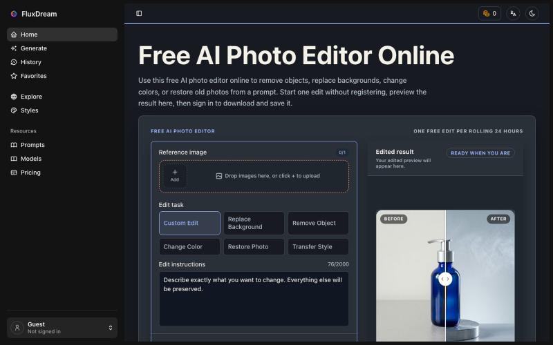 Free AI Photo Editor Online | FluxDream — screenshot
