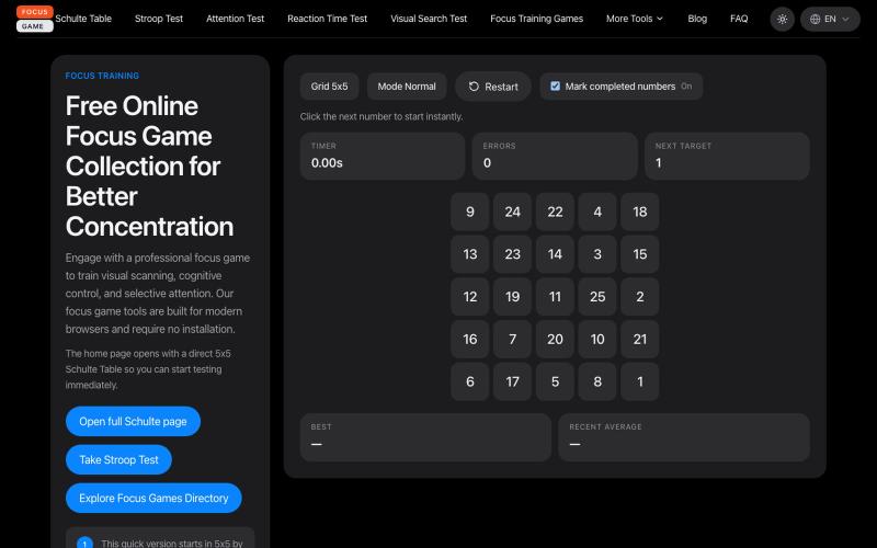 Focus Game Online: Schulte Table, Stroop Test & Concentration Tools — screenshot