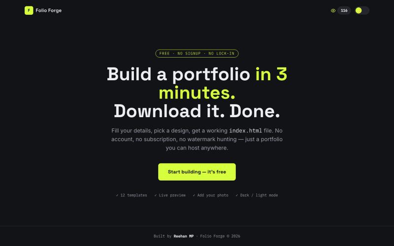 Folio Forge — Build a portfolio in 3 minutes, no signup — screenshot