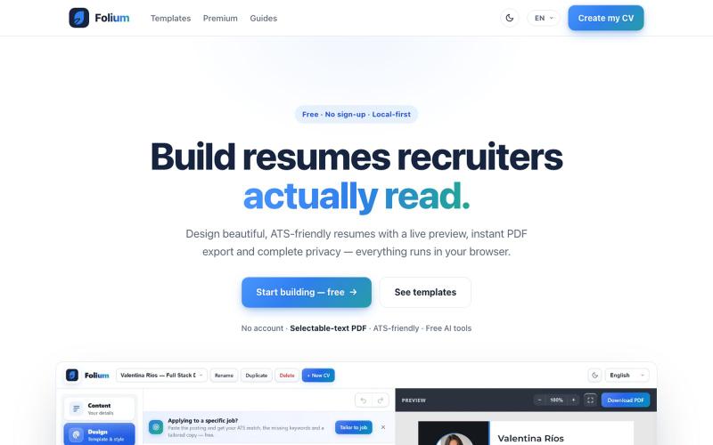 Folium — Free professional resume builder with PDF export — screenshot