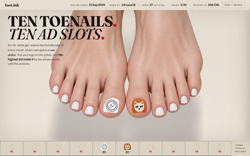 foot.ink · ten toenails, ten ad slots — screenshot