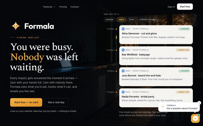 AI receptionist for small business websites | Formala — screenshot