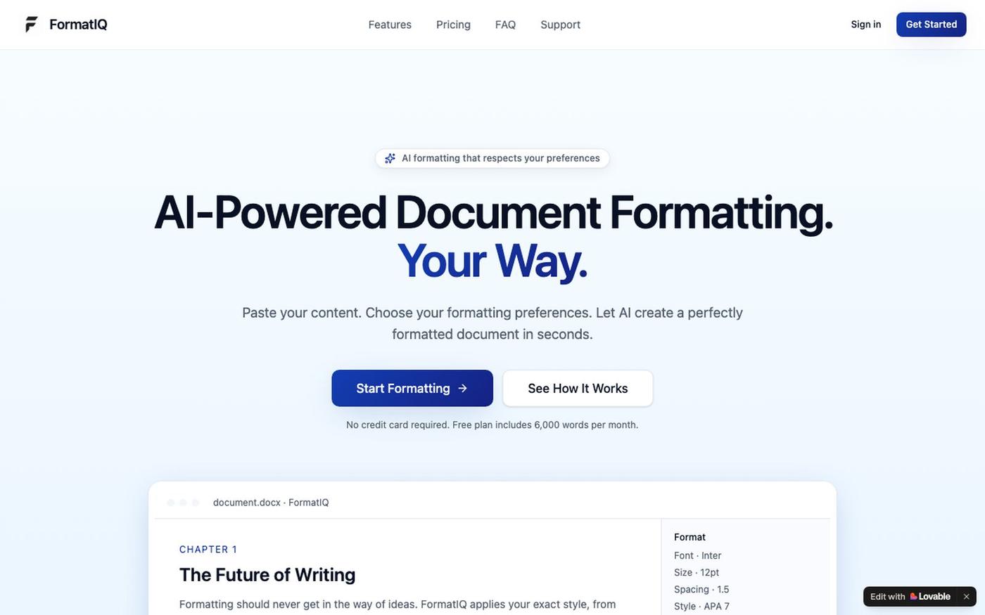 FormatIQ | AI-Powered Document Formatting, Your Way — screenshot