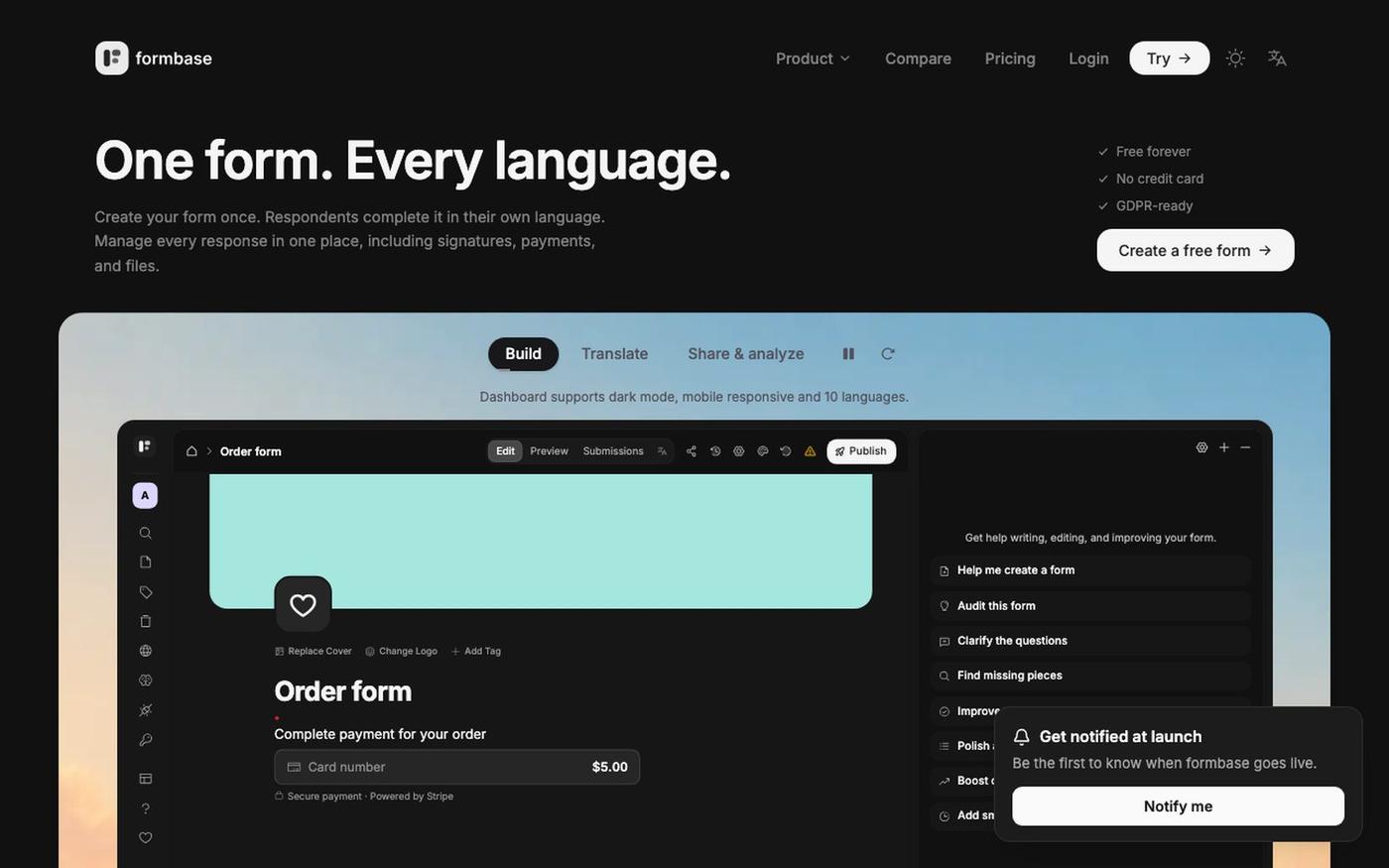 formbase — Free multilingual AI form builder, in seconds — screenshot