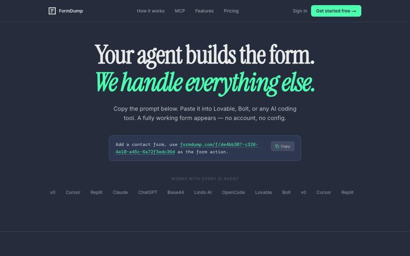 Form Dump — Free form backend for AI agents — screenshot