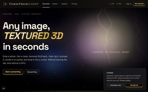 AI 3D model generator · image and text to 3D · FormFromLight — screenshot