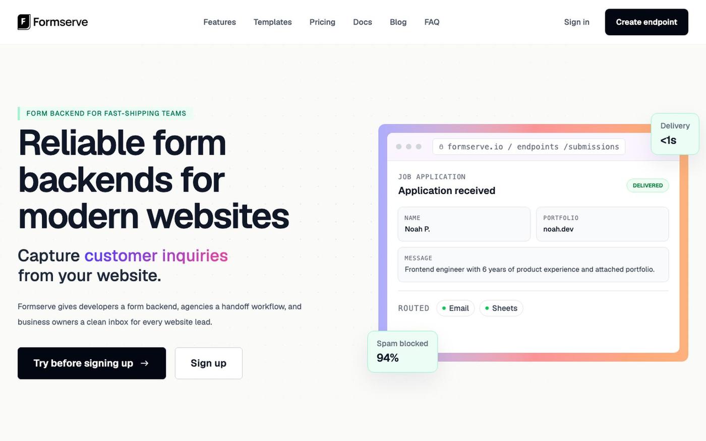 Formserve — the form backend that ships as fast as you do — screenshot