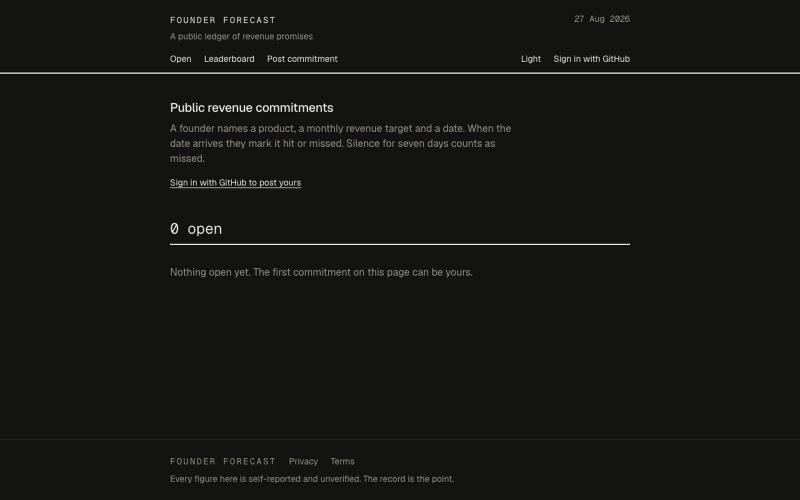Founder Forecast — public revenue commitments — screenshot