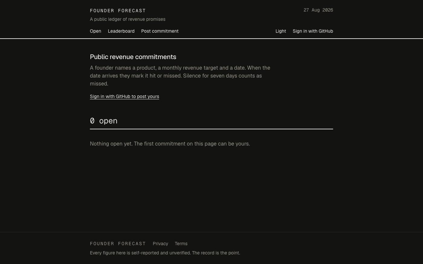 Founder Forecast — public revenue commitments — screenshot