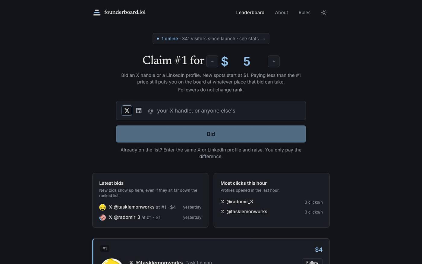founderboard.lol: Rank is the bid. Followers don't count. — screenshot