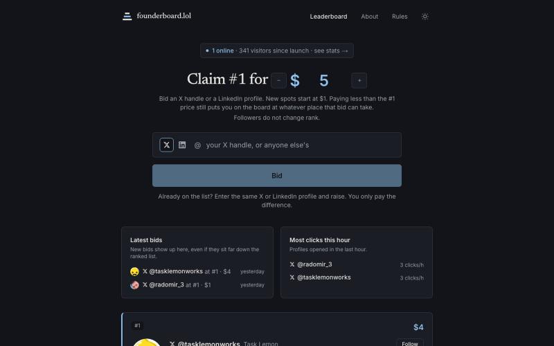 founderboard.lol: Rank is the bid. Followers don't count. — screenshot