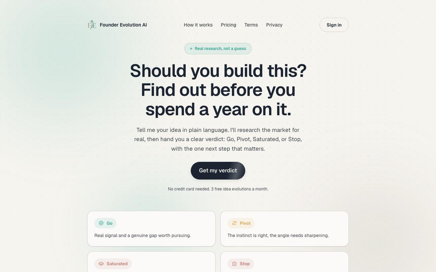 Founder Evolution AI: AI startup idea validator — screenshot