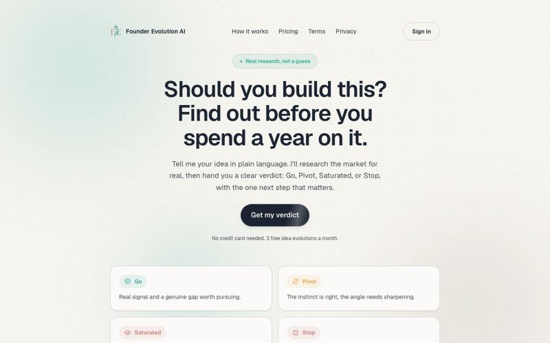 Founder Evolution AI: AI startup idea validator — screenshot