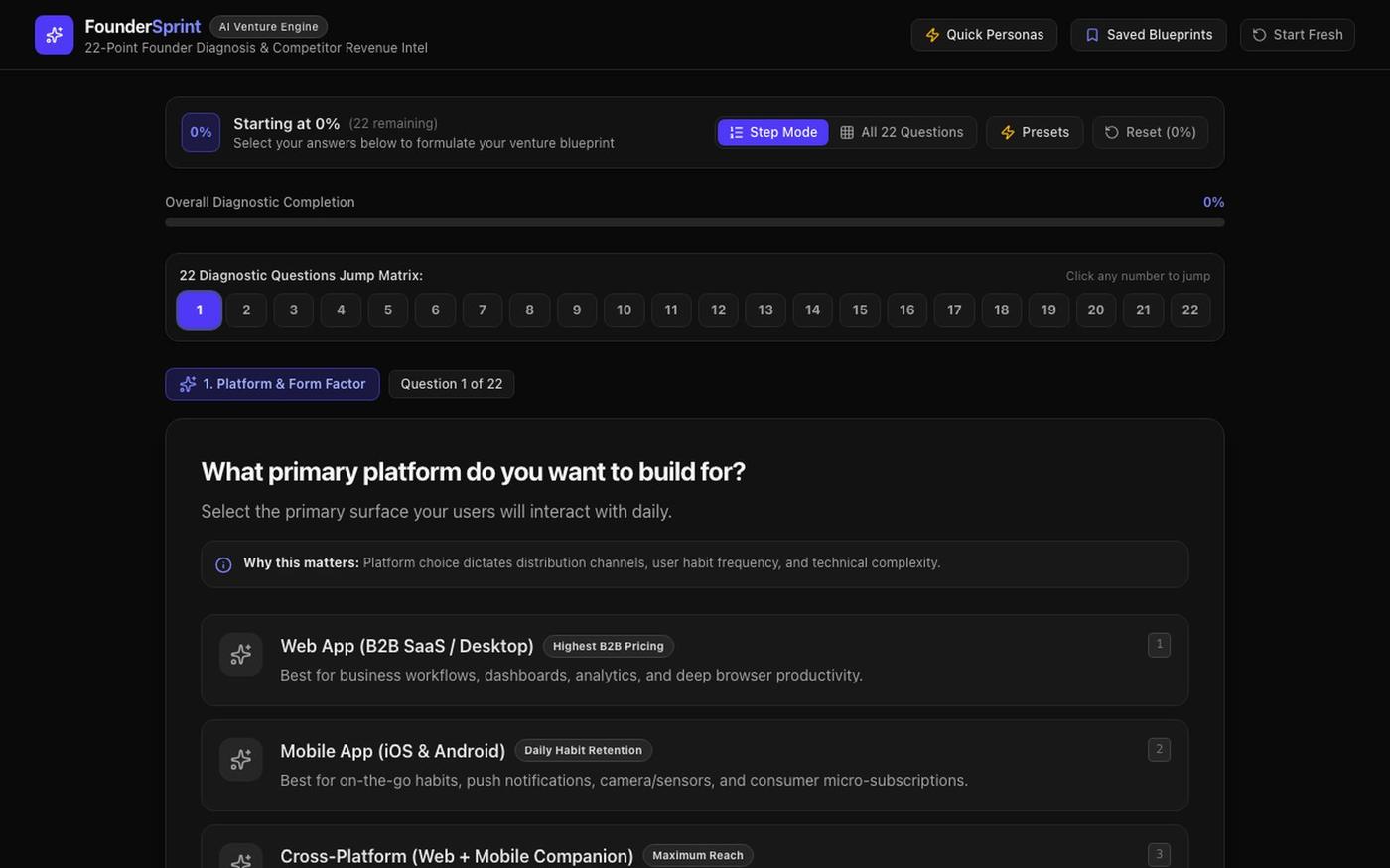 FounderSprint — AI Venture & Mobile/Web App Idea Engine — screenshot