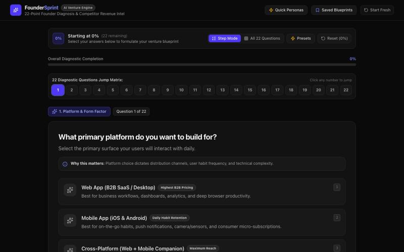 FounderSprint — AI Venture & Mobile/Web App Idea Engine — screenshot