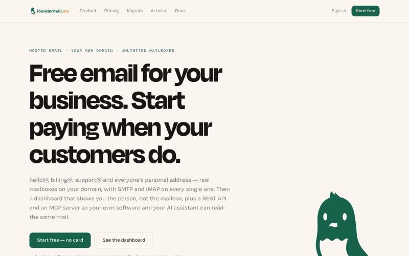 FounderMail — free business email on your domain, sorted by customer — screenshot