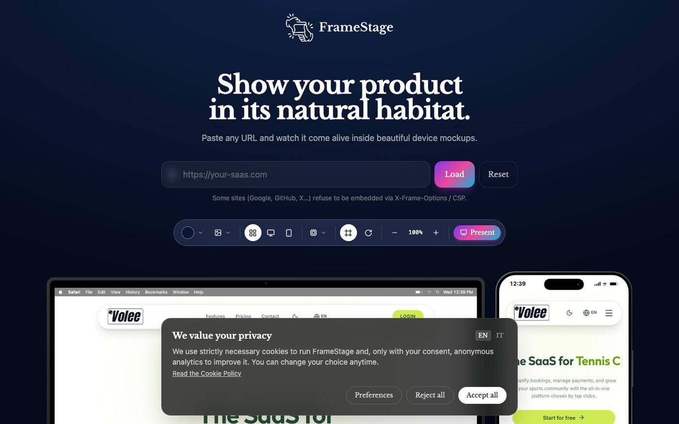 FrameStage — Live SaaS demos, side-by-side — screenshot