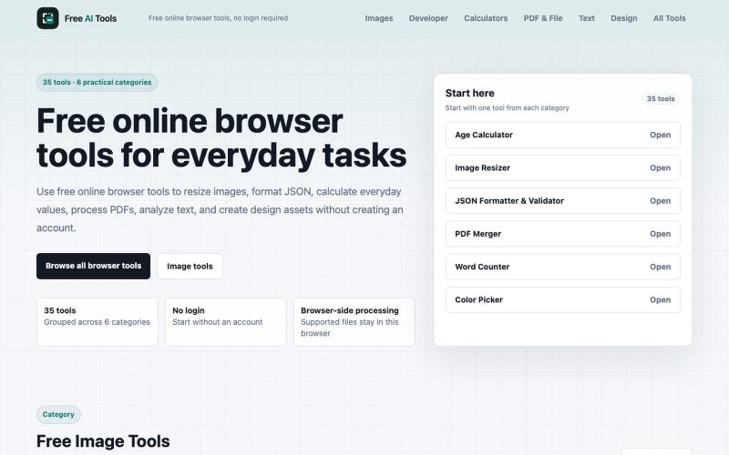 Free Online Browser Tools - No Login | Free AI Tools — screenshot